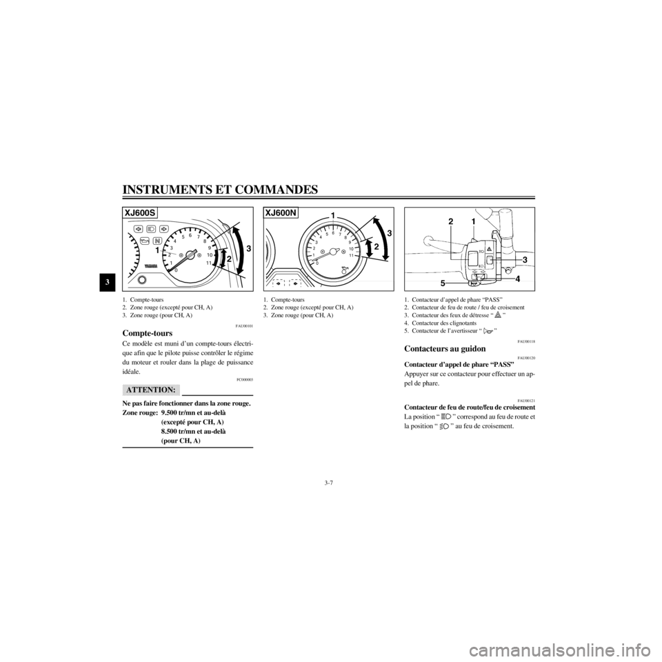 YAMAHA XJ600N 2000  Notices Demploi (in French) L
3-7
INSTRUMENTS ET COMMANDES
/home/Imai/imai_data/YMC-om/AA9157_XJ600SN-F6/French/F-3.frame
0 1 2348
9
10
11 56
7
2
13
XJ600S
1. Compte-tours
2. Zone rouge (exceptŽ pour CH, A)
3. Zone rouge (pour 