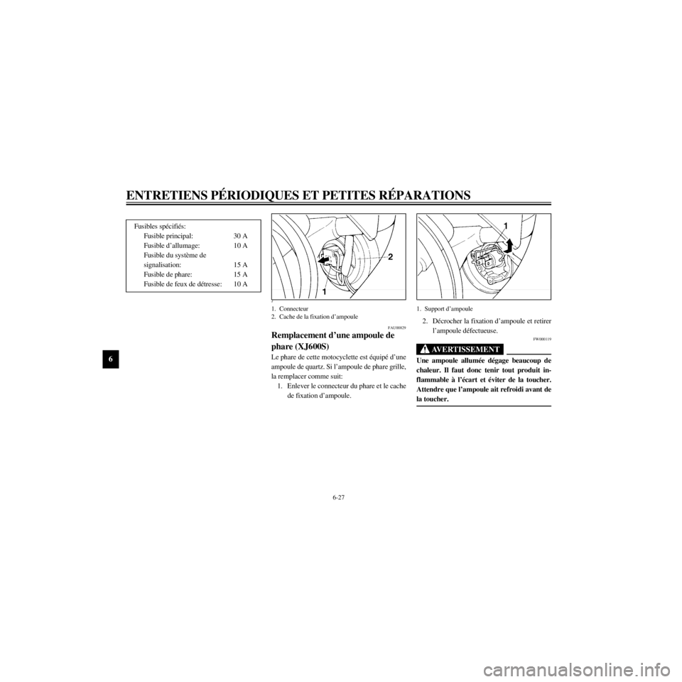 YAMAHA XJ600S 2000 Notices Demploi (in French) L
6-27
ENTRETIENS PƒRIODIQUES ET PETITES RƒPARATIONS
/home/Imai/imai_data/YMC-om/AA9157_XJ600SN-F6/French/F-6.frame
Fusibles spŽcifiŽs:
Fusible principal: 30 A
Fusible dÕallumage: 10 A
signalisa YAMAHA XJ600S 2000 Notices Demploi (in French) L
6-27
ENTRETIENS PƒRIODIQUES ET PETITES RƒPARATIONS
/home/Imai/imai_data/YMC-om/AA9157_XJ600SN-F6/French/F-6.frame
Fusibles spŽcifiŽs:
Fusible principal: 30 A
Fusible dÕallumage: 10 A
signalisa