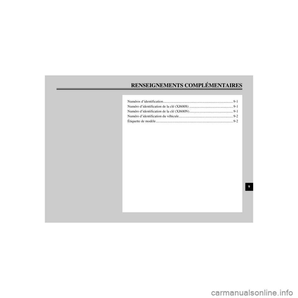 YAMAHA XJ600N 2000 Notices Demploi (in French) R
RENSEIGNEMENTS COMPLƒMENTAIRES
/home/Imai/imai_data/YMC-om/AA9157_XJ600SN-F6/French/F-9TOC.frame
NumŽros dÕidentification.......................................................................... YAMAHA XJ600N 2000 Notices Demploi (in French) R
RENSEIGNEMENTS COMPLƒMENTAIRES
/home/Imai/imai_data/YMC-om/AA9157_XJ600SN-F6/French/F-9TOC.frame
NumŽros dÕidentification..........................................................................