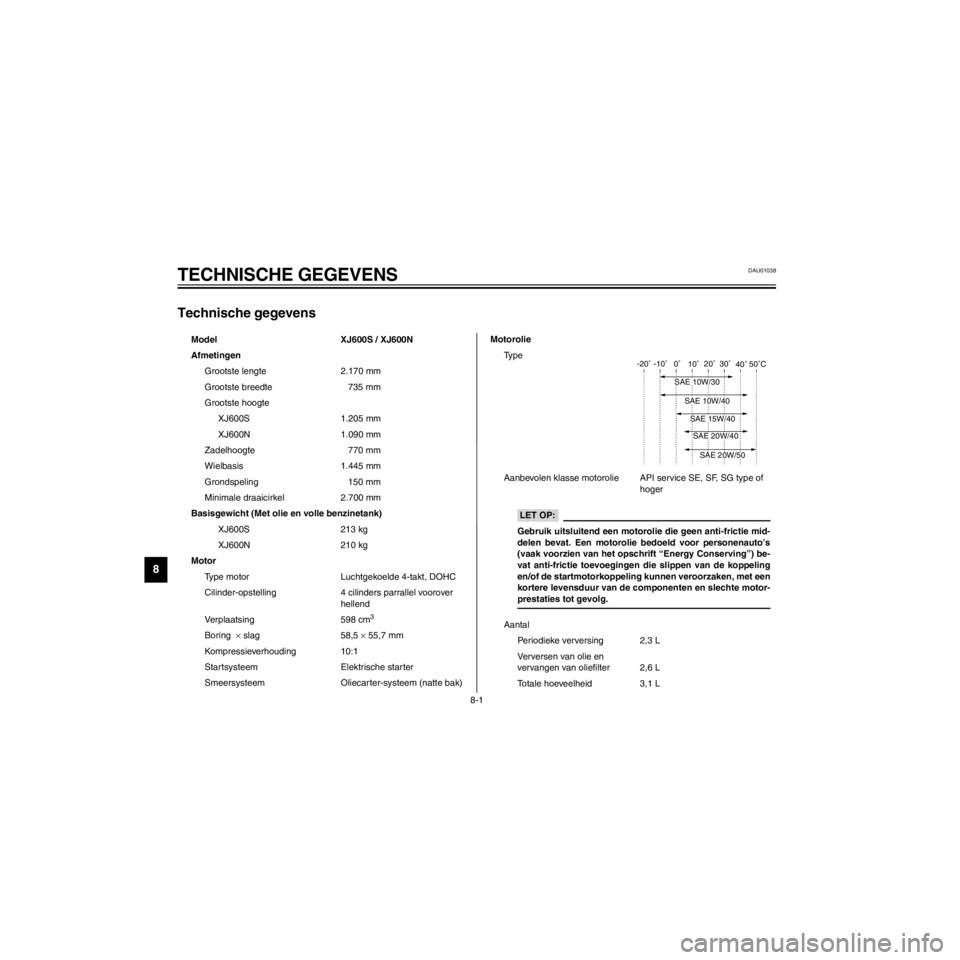 YAMAHA XJ600S 2000  Instructieboekje (in Dutch) L
8-1
TECHNISCHE GEGEVENS
/home/Iida/Junko-data/YMC_om/AA9161_XJ600SN-D6/Dutch/D-8.frame
Technische gegevens
Model XJ600S / XJ600N
Afmetingen
Grootste lengte 2.170 mm
Grootste breedte 735 mm
Grootste 
