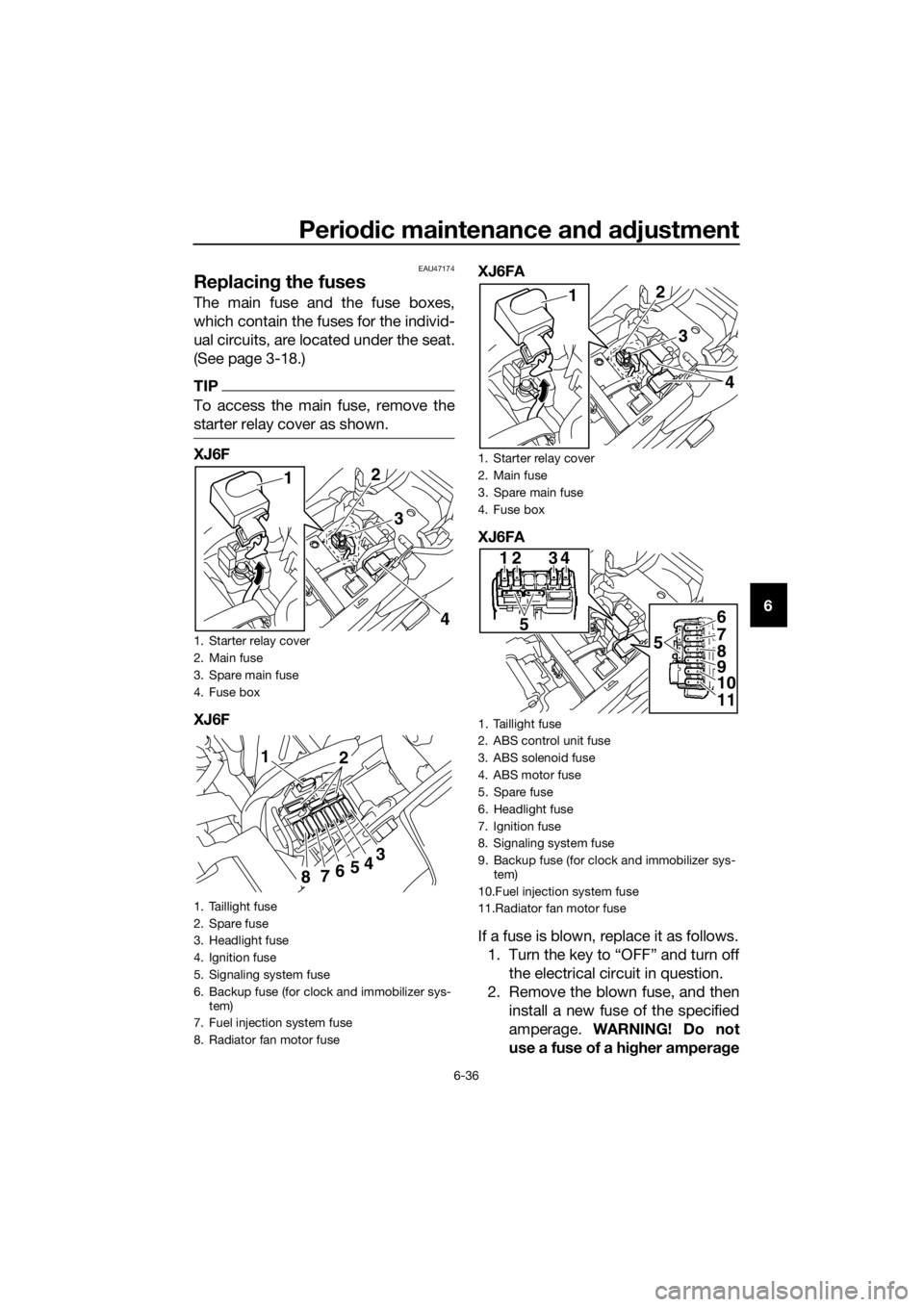 YAMAHA XJ6F 2016 Owners Manual Periodic maintenance an d a djustment
6-36
6
EAU47174
Replacin g the fuses
The main fuse and the fuse boxes,
which contain the fuses for the individ-
ual circuits, are located under the seat.
(See pag YAMAHA XJ6F 2016 Owners Manual Periodic maintenance an d a djustment
6-36
6
EAU47174
Replacin g the fuses
The main fuse and the fuse boxes,
which contain the fuses for the individ-
ual circuits, are located under the seat.
(See pag
