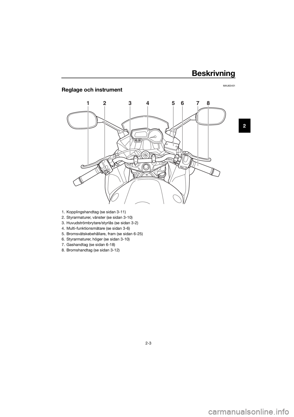 YAMAHA XJ6F 2016  Bruksanvisningar (in Swedish) Beskrivning
2-3
2
MAU63401
Regla ge och instrument
12 3 56784
1. Kopplingshandtag (se sidan 3-11)
2. Styrarmaturer, vänster (se sidan 3-10)
3. Huvudströmbrytare/styrlås (se sidan 3-2)
4. Multi-funk
