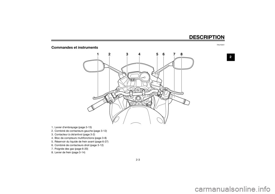 YAMAHA XJ6F 2014 Notices Demploi (in French) DESCRIPTION
2-3
2
FAU10431
Commandes et instruments
12 3 5678
4
1. Levier d’embrayage (page 3-13)
2. Combiné de contacteurs gauche (page 3-12)
3. Contacteur à clé/antivol (page 3-2)
4. Bloc de co YAMAHA XJ6F 2014 Notices Demploi (in French) DESCRIPTION
2-3
2
FAU10431
Commandes et instruments
12 3 5678
4
1. Levier d’embrayage (page 3-13)
2. Combiné de contacteurs gauche (page 3-12)
3. Contacteur à clé/antivol (page 3-2)
4. Bloc de co