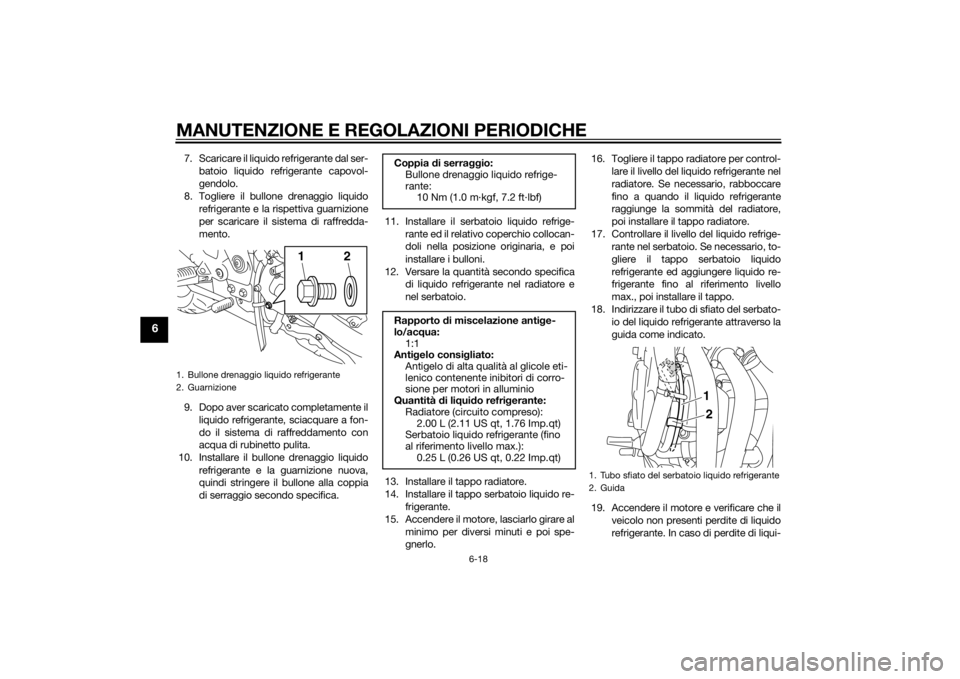 YAMAHA XJ6F 2013 Manuale duso (in Italian) MANUTENZIONE E REGOLAZIONI PERIODICHE
6-18
6
7. Scaricare il liquido refrigerante dal ser-batoio liquido refrigerante capovol-
gendolo.
8. Togliere il bullone drenaggio liquido refrigerante e la rispe YAMAHA XJ6F 2013 Manuale duso (in Italian) MANUTENZIONE E REGOLAZIONI PERIODICHE
6-18
6
7. Scaricare il liquido refrigerante dal ser-batoio liquido refrigerante capovol-
gendolo.
8. Togliere il bullone drenaggio liquido refrigerante e la rispe
