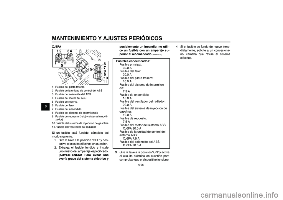 YAMAHA XJ6F 2010 Manuale de Empleo (in Spanish) MANTENIMIENTO Y AJUSTES PERIÓDICOS
6-35
6
XJ6FA
Si un fusible está fundido, cámbielo del
modo siguiente.
1. Gire la llave a la posición “OFF” y des-
active el circuito eléctrico en cuestión. YAMAHA XJ6F 2010 Manuale de Empleo (in Spanish) MANTENIMIENTO Y AJUSTES PERIÓDICOS
6-35
6
XJ6FA
Si un fusible está fundido, cámbielo del
modo siguiente.
1. Gire la llave a la posición “OFF” y des-
active el circuito eléctrico en cuestión.