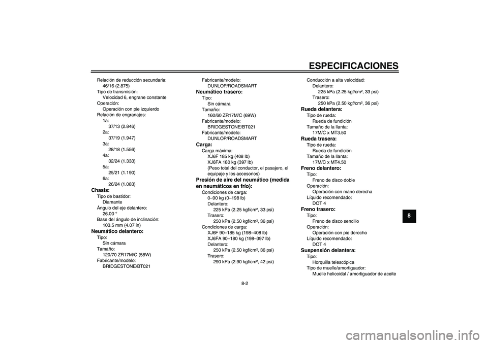 YAMAHA XJ6F 2010  Manuale de Empleo (in Spanish) ESPECIFICACIONES
8-2
8
Relación de reducción secundaria:
46/16 (2.875)
Tipo de transmisión:
Velocidad 6, engrane constante
Operación:
Operación con pie izquierdo
Relación de engranajes:
1a:
37/1