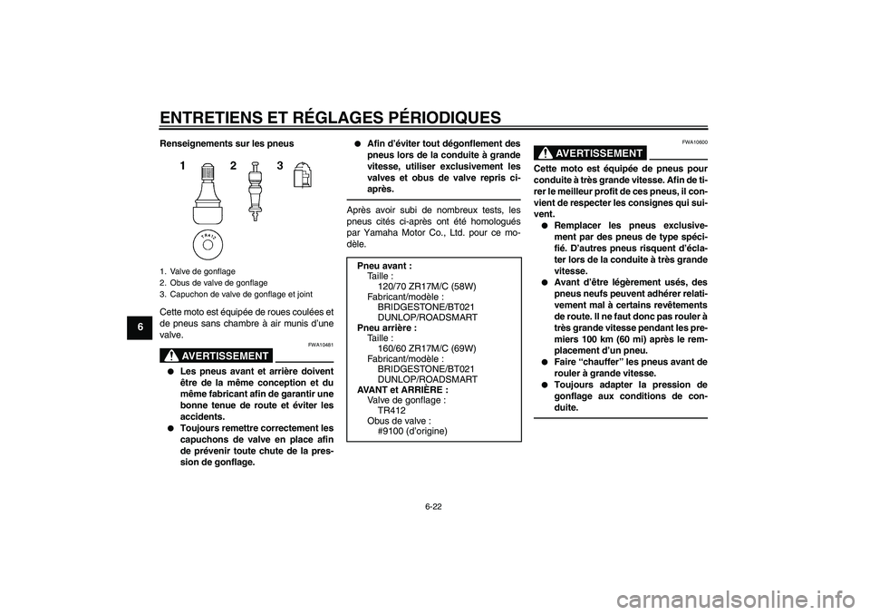YAMAHA XJ6F 2010  Notices Demploi (in French) ENTRETIENS ET RÉGLAGES PÉRIODIQUES
6-22
6
Renseignements sur les pneus
Cette moto est équipée de roues coulées et
de pneus sans chambre à air munis d’une
valve.
AVERTISSEMENT
FWA10481

Les pn