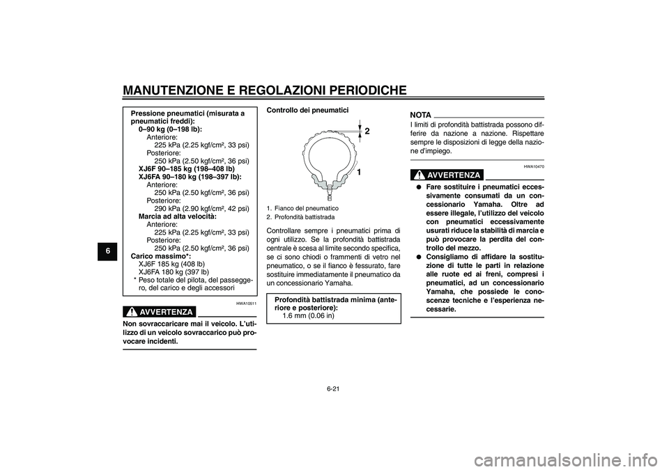 YAMAHA XJ6F 2010  Manuale duso (in Italian) MANUTENZIONE E REGOLAZIONI PERIODICHE
6-21
6
AVVERTENZA
HWA10511
Non sovraccaricare mai il veicolo. L’uti-
lizzo di un veicolo sovraccarico può pro-
vocare incidenti.
Controllo dei pneumatici
Contr