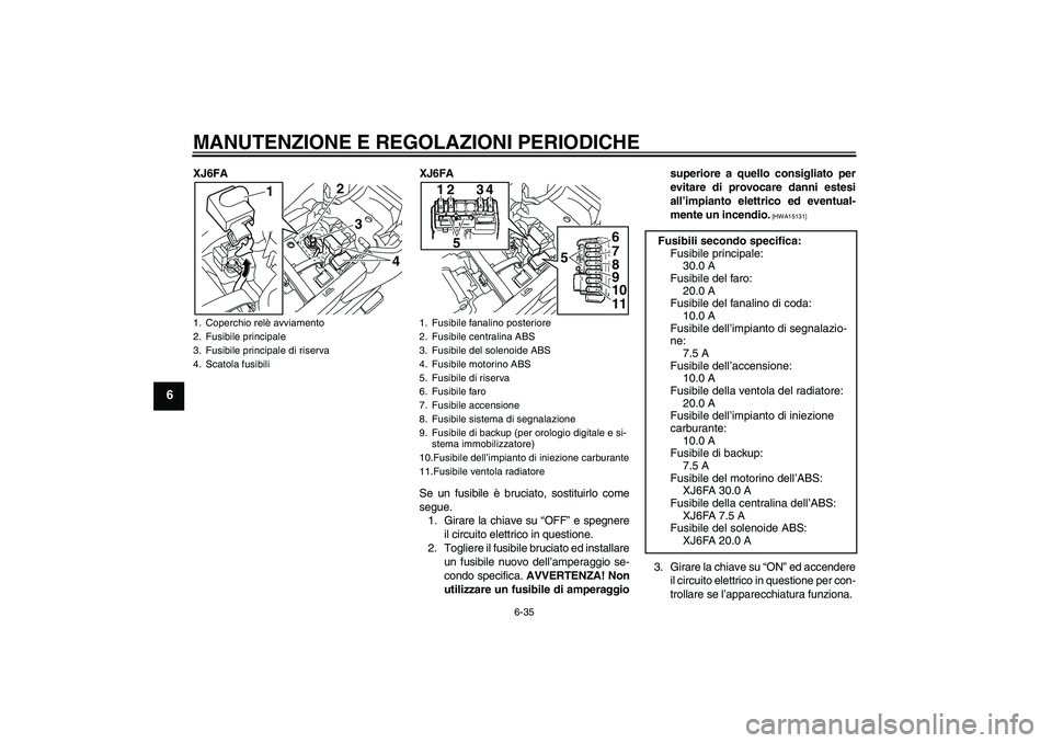 YAMAHA XJ6F 2010 Manuale duso (in Italian) MANUTENZIONE E REGOLAZIONI PERIODICHE
6-35
6
XJ6FA XJ6FA
Se un fusibile è bruciato, sostituirlo come
segue.
1. Girare la chiave su “OFF” e spegnere
il circuito elettrico in questione.
2. Togliere YAMAHA XJ6F 2010 Manuale duso (in Italian) MANUTENZIONE E REGOLAZIONI PERIODICHE
6-35
6
XJ6FA XJ6FA
Se un fusibile è bruciato, sostituirlo come
segue.
1. Girare la chiave su “OFF” e spegnere
il circuito elettrico in questione.
2. Togliere