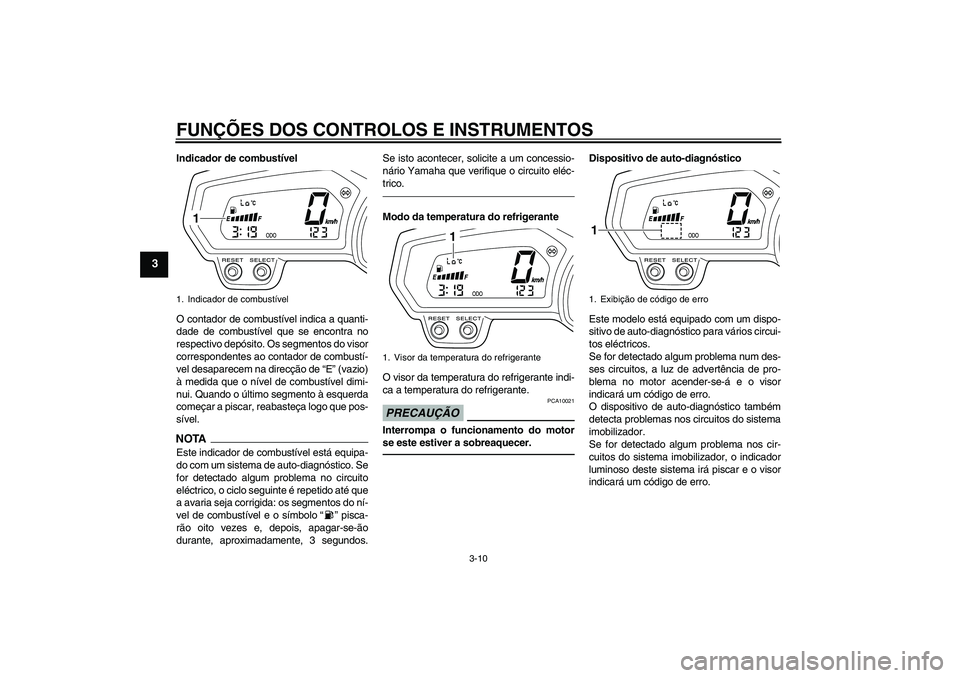 YAMAHA XJ6F 2010  Manual de utilização (in Portuguese) FUNÇÕES DOS CONTROLOS E INSTRUMENTOS
3-10
3
Indicador de combustível
O contador de combustível indica a quanti-
dade de combustível que se encontra no
respectivo depósito. Os segmentos do visor
