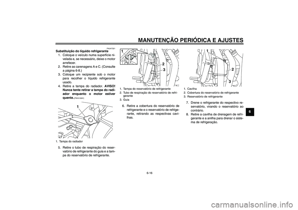 YAMAHA XJ6F 2010  Manual de utilização (in Portuguese) MANUTENÇÃO PERIÓDICA E AJUSTES
6-16
6
PAU47321
Substituição do líquido refrigerante
1. Coloque o veículo numa superfície ni-
velada e, se necessário, deixe o motor
arrefecer.
2. Retire as car