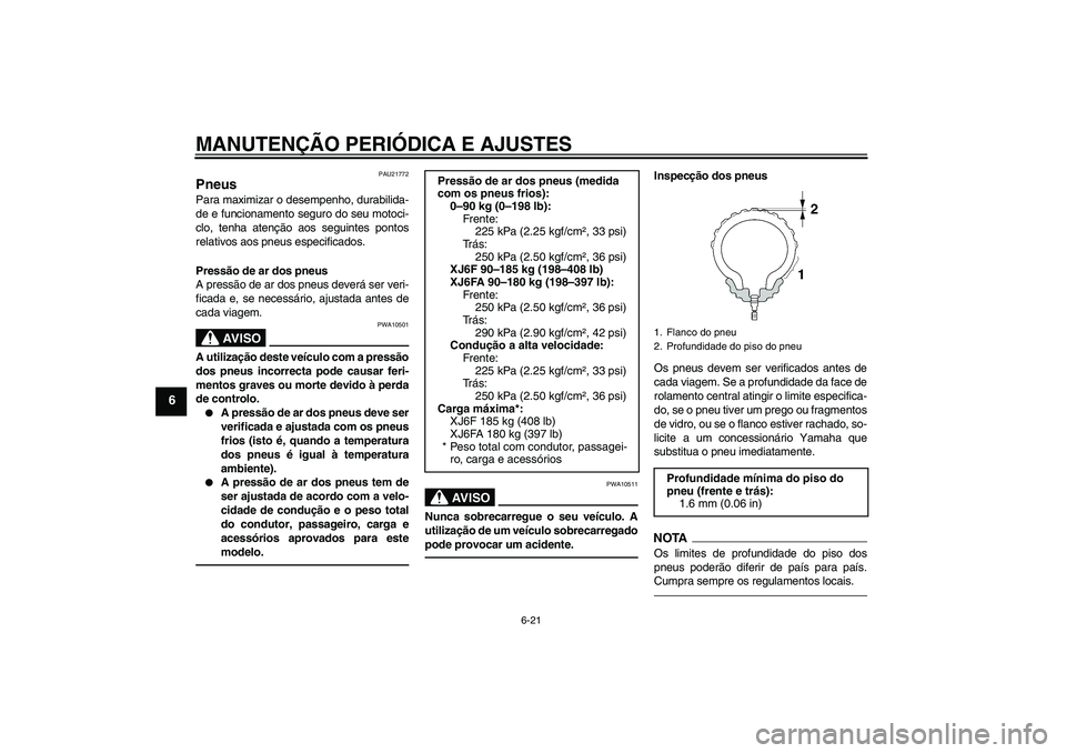 YAMAHA XJ6F 2010  Manual de utilização (in Portuguese) MANUTENÇÃO PERIÓDICA E AJUSTES
6-21
6
PAU21772
Pneus Para maximizar o desempenho, durabilida-
de e funcionamento seguro do seu motoci-
clo, tenha atenção aos seguintes pontos
relativos aos pneus 