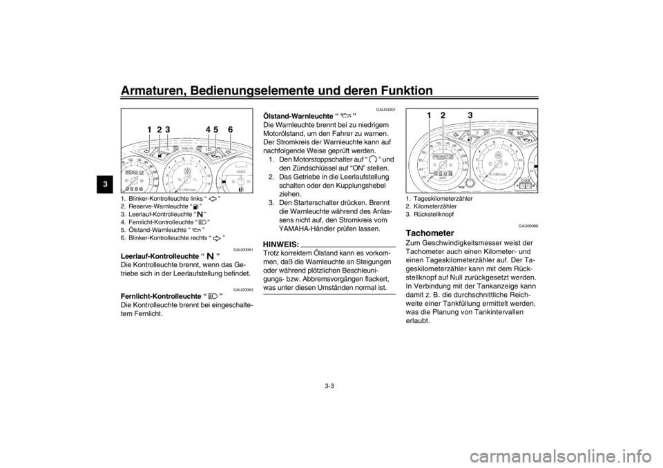 YAMAHA XJ900S 2002  Betriebsanleitungen (in German) Armaturen, Bedienungselemente und deren Funktion
3-3
3
GAU00061
Leerlauf-Kontrolleuchte “” 
Die Kontrolleuchte brennt, wenn das Ge-
triebe sich in der Leerlaufstellung befindet.
GAU00063
Fernlicht