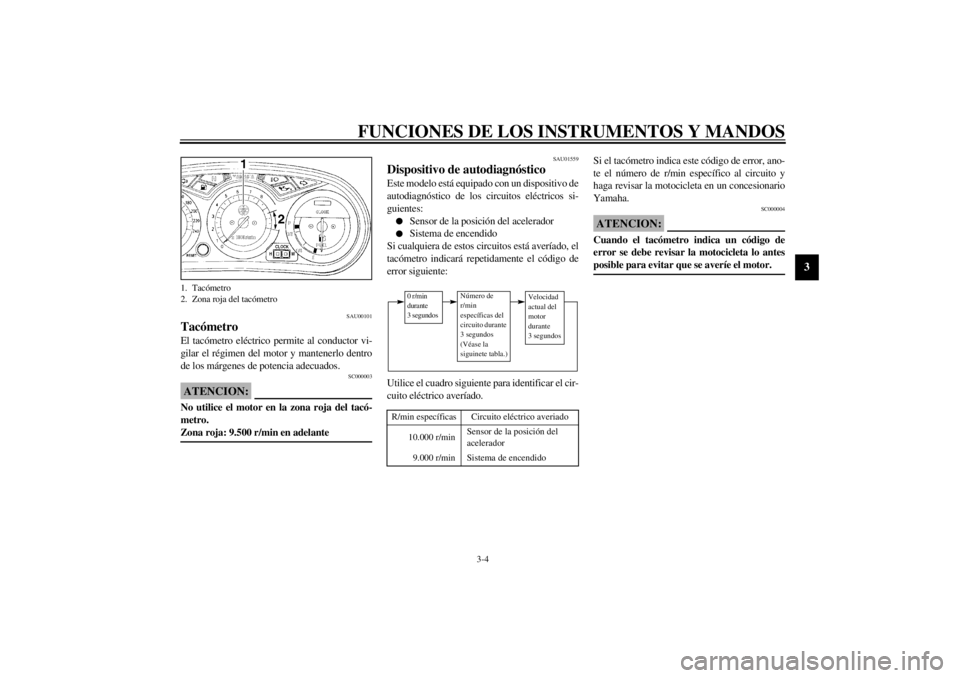 YAMAHA XJ900S 2002  Manuale de Empleo (in Spanish) FUNCIONES DE LOS INSTRUMENTOS Y MANDOS
3-4
3
SAU00101
Tacómetro El tacómetro eléctrico permite al conductor vi-
gilar el régimen del motor y mantenerlo dentro
de los márgenes de potencia adecuado