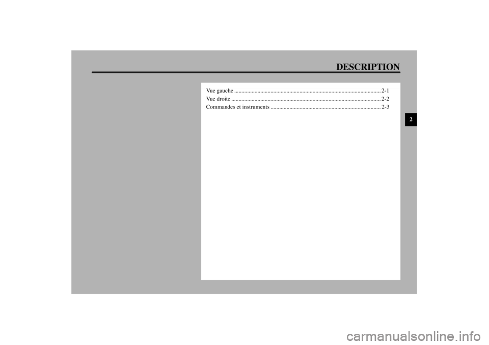 YAMAHA XJ900S 2002  Notices Demploi (in French) DESCRIPTION
2
Vue gauche ..................................................................................................... 2-1
Vue droite ..........................................................