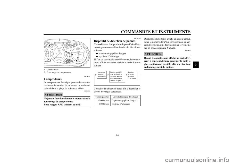 YAMAHA XJ900S 2002  Notices Demploi (in French) COMMANDES ET INSTRUMENTS
3-4
3
FAU00101
Compte-tours Le compte-tours électrique permet de contrôler
la vitesse de rotation du moteur et de maintenir
celle-ci dans la plage de puissance idéale.
FC00