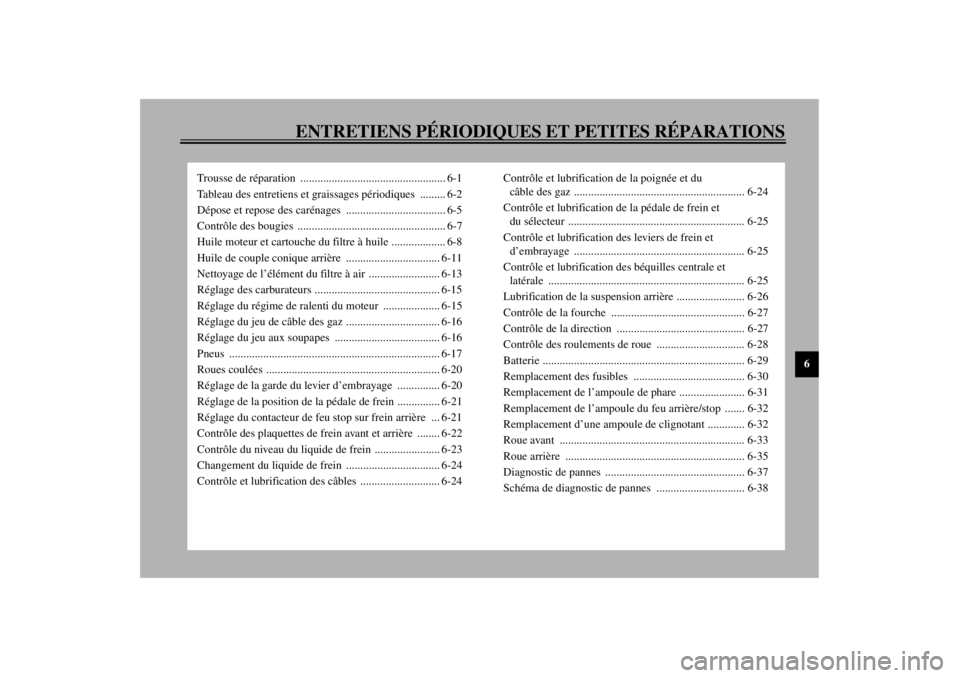 YAMAHA XJ900S 2002  Notices Demploi (in French) ENTRETIENS PÉRIODIQUES ET PETITES RÉPARATIONS
6
Trousse de réparation ................................................... 6-1
Tableau des entretiens et graissages périodiques ......... 6-2
Dépose