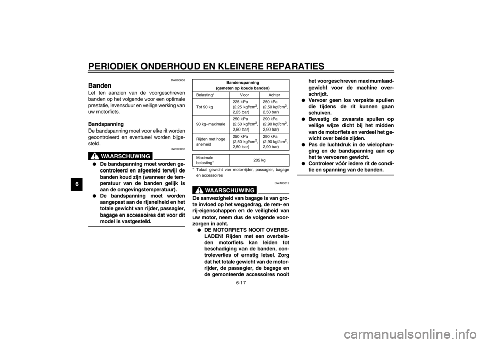 YAMAHA XJ900S 2002  Instructieboekje (in Dutch) PERIODIEK ONDERHOUD EN KLEINERE REPARATIES
6-17
6
DAU00658
Banden Let ten aanzien van de voorgeschreven
banden op het volgende voor een optimale
prestatie, levensduur en veilige werking van
uw motorfi YAMAHA XJ900S 2002  Instructieboekje (in Dutch) PERIODIEK ONDERHOUD EN KLEINERE REPARATIES
6-17
6
DAU00658
Banden Let ten aanzien van de voorgeschreven
banden op het volgende voor een optimale
prestatie, levensduur en veilige werking van
uw motorfi