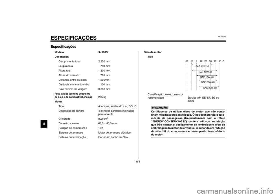 YAMAHA XJ900S 2002  Manual de utilização (in Portuguese) 8-1
8
PAU01038
8-ESPECIFICAÇÕESEspecificações CS-01P
Modelo XJ900S
Dimensões
Comprimento total 2.230 mm 
Largura total 750 mm
Altura total 1.300 mm
Altura do assento 795 mm
Distância entre os ei