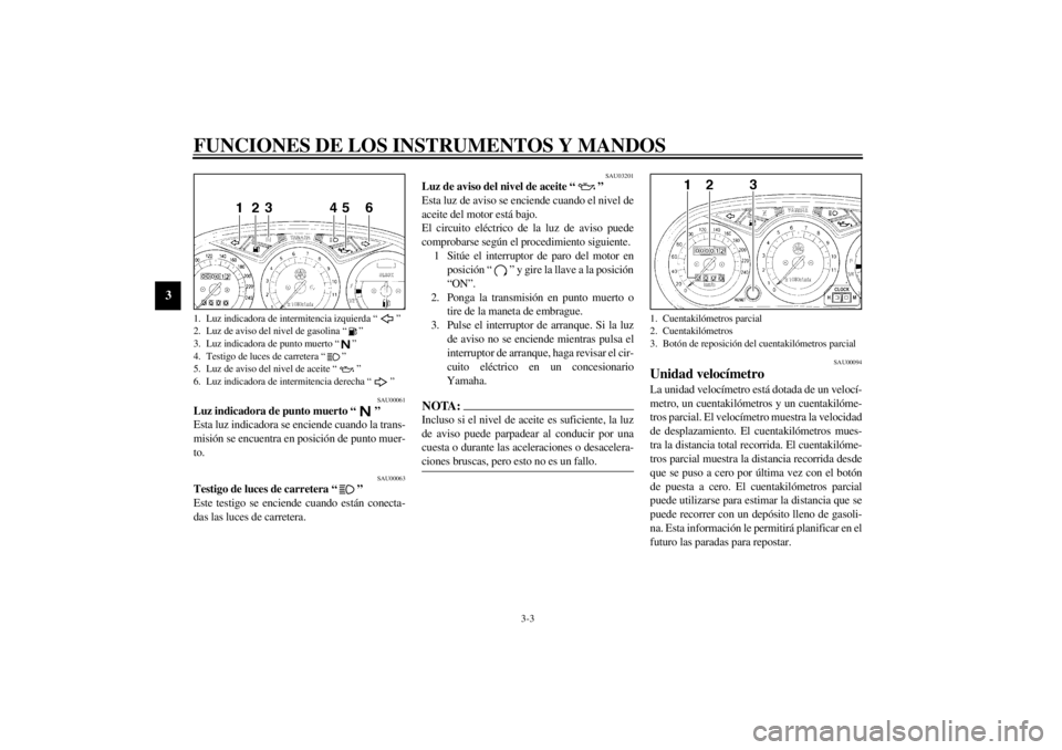 YAMAHA XJ900S 2001  Manuale de Empleo (in Spanish) FUNCIONES DE LOS INSTRUMENTOS Y MANDOS
3-3
3
SAU00061
Luz indicadora de punto muerto “ ” 
Esta luz indicadora se enciende cuando la trans-
misión se encuentra en posición de punto muer-
to.
SAU0