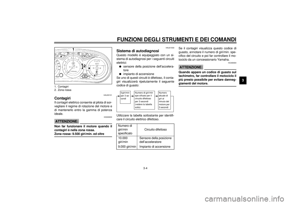 YAMAHA XJ900S 2001  Manuale duso (in Italian) FUNZIONI DEGLI STRUMENTI E DEI COMANDI
3-4
3
HAU00101
Contagiri Il contagiri elettrico consente al pilota di sor-
vegliare il regime di rotazione del motore e
di mantenerlo entro la gamma di potenza
i