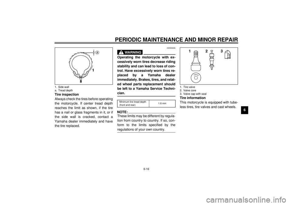 YAMAHA XJ900S 2000 Repair Manual PERIODIC MAINTENANCE AND MINOR REPAIR
6-16
6 Tire inspection
Always check the tires before operating
the motorcycle. If center tread depth
reaches the limit as shown, if the tire
has a nail or glass f