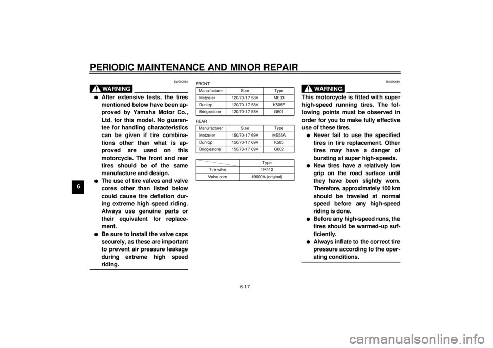 YAMAHA XJ900S 2000 Repair Manual PERIODIC MAINTENANCE AND MINOR REPAIR
6-17
6
EW000080
WARNING
@ l
After extensive tests, the tires
mentioned below have been ap-
proved by Yamaha Motor Co.,
Ltd. for this model. No guaran-
tee for han