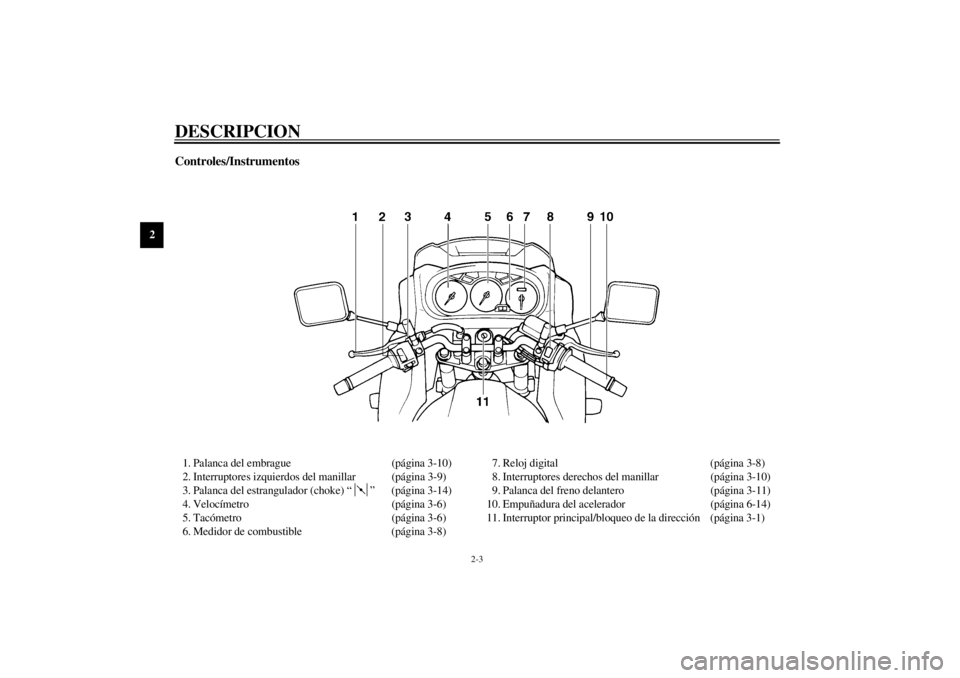 YAMAHA XJ900S 2000  Manuale de Empleo (in Spanish) DESCRIPCION
2-3
2
Controles/Instrumentos1. Palanca del embrague (página 3-10)
2. Interruptores izquierdos del manillar (página 3-9)
3. Palanca del estrangulador (choke) “ ” (página 3-14)
4. Vel