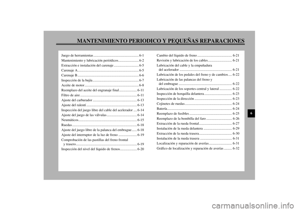 YAMAHA XJ900S 2000  Manuale de Empleo (in Spanish) 6
MANTENIMIENTO PERIODICO Y PEQUEÑAS REPARACIONES
Juego de herramientas ................................................... 6-1
Mantenimiento y lubricación periódicos....................... 6-2
Ext
