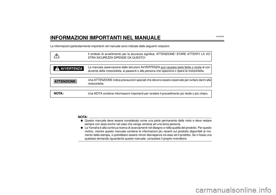 YAMAHA XJ900S 2000 Manuale duso (in Italian) HAU00005
INFORMAZIONI IMPORTANTI NEL MANUALELe informazioni particolarmente importanti nel manuale sono indicate dalle seguenti notazioni:
Il simbolo di avvertimento per la sicurezza significa: ATTENZ YAMAHA XJ900S 2000 Manuale duso (in Italian) HAU00005
INFORMAZIONI IMPORTANTI NEL MANUALELe informazioni particolarmente importanti nel manuale sono indicate dalle seguenti notazioni:
Il simbolo di avvertimento per la sicurezza significa: ATTENZ
