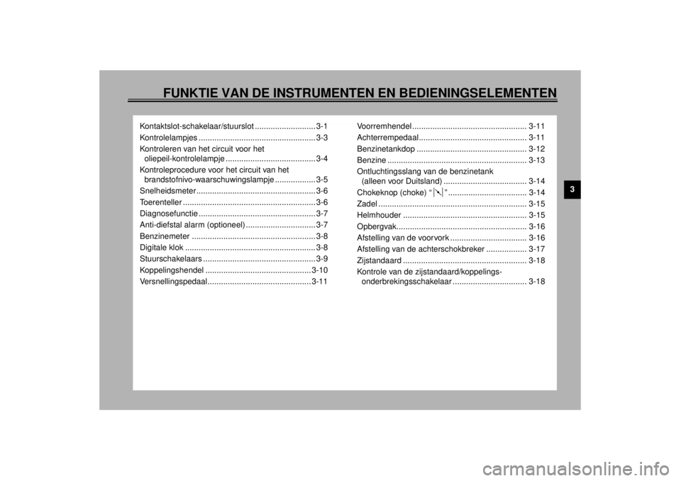 YAMAHA XJ900S 2000 Instructieboekje (in Dutch) 3
FUNKTIE VAN DE INSTRUMENTEN EN BEDIENINGSELEMENTEN
Kontaktslot-schakelaar/stuurslot ........................... 3-1
Kontrolelampjes .................................................... 3-3
Kontroler YAMAHA XJ900S 2000 Instructieboekje (in Dutch) 3
FUNKTIE VAN DE INSTRUMENTEN EN BEDIENINGSELEMENTEN
Kontaktslot-schakelaar/stuurslot ........................... 3-1
Kontrolelampjes .................................................... 3-3
Kontroler