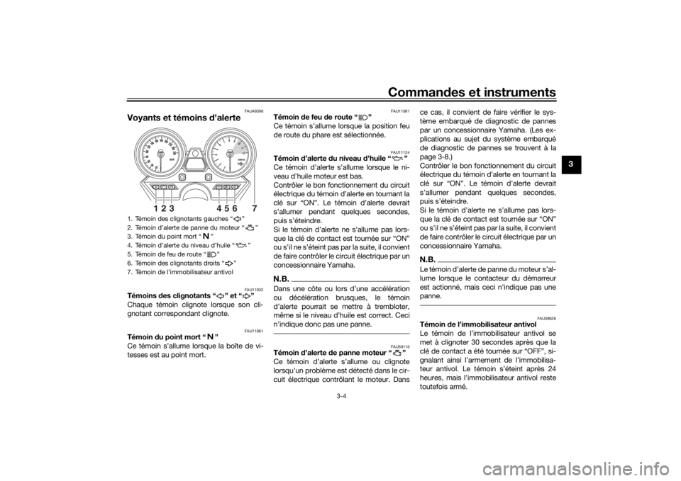 YAMAHA XJR 1300 2016 Notices Demploi (in French) Commandes et instruments
3-4
3
FAU49398
Voyants et témoins d’alerte
FAU11032
Témoins des clignotants “ ” et “ ”
Chaque témoin clignote lorsque son cli-
gnotant correspondant clignote.
F YAMAHA XJR 1300 2016 Notices Demploi (in French) Commandes et instruments
3-4
3
FAU49398
Voyants et témoins d’alerte
FAU11032
Témoins des clignotants “ ” et “ ”
Chaque témoin clignote lorsque son cli-
gnotant correspondant clignote.
F