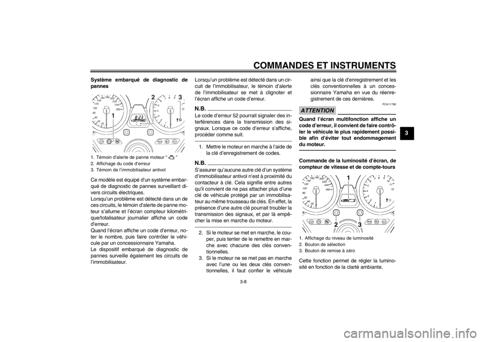 YAMAHA XJR 1300 2013 Notices Demploi (in French) COMMANDES ET INSTRUMENTS
3-8
3
Système embarqué de diagnostic de
pannes
Ce modèle est équipé d’un système embar-
qué de diagnostic de pannes surveillant di-
vers circuits électriques.
Lorsqu YAMAHA XJR 1300 2013 Notices Demploi (in French) COMMANDES ET INSTRUMENTS
3-8
3
Système embarqué de diagnostic de
pannes
Ce modèle est équipé d’un système embar-
qué de diagnostic de pannes surveillant di-
vers circuits électriques.
Lorsqu