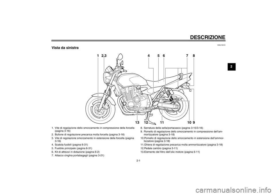 YAMAHA XJR 1300 2013 Manuale duso (in Italian) DESCRIZIONE
2-1
2
HAU10410
Vista da sinistra
1
2,3
4
5
6
7
8
13
12
11
10
9
1. Vite di regolazione dello smorzamento in compressione della forcella (pagina 3-16)
2. Bullone di regolazione precarica mo YAMAHA XJR 1300 2013 Manuale duso (in Italian) DESCRIZIONE
2-1
2
HAU10410
Vista da sinistra
1
2,3
4
5
6
7
8
13
12
11
10
9
1. Vite di regolazione dello smorzamento in compressione della forcella (pagina 3-16)
2. Bullone di regolazione precarica mo