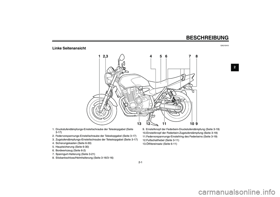 YAMAHA XJR 1300 2011  Betriebsanleitungen (in German) BESCHREIBUNG
2-1
2
GAU10410
Linke Seitenansicht
1
2,3
4
5
6
7
8
13
12
11
10
9
1. Druckstufendämpfungs-Einstellschraube der Teleskopgabel (Seite 
3-17)
2. Federvorspannungs-Einstellschraube der Telesk