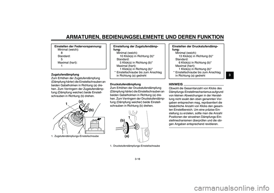 YAMAHA XJR 1300 2011  Betriebsanleitungen (in German) ARMATUREN, BEDIENUNGSELEMENTE UND DEREN FUNKTION
3-18
3
Zugstufendämpfung
Zum Erhöhen der Zugstufendämpfung 
(Dämpfung härter) die Einstellschrauben an 
beiden Gabelholmen in Richtung (a) dre-
he