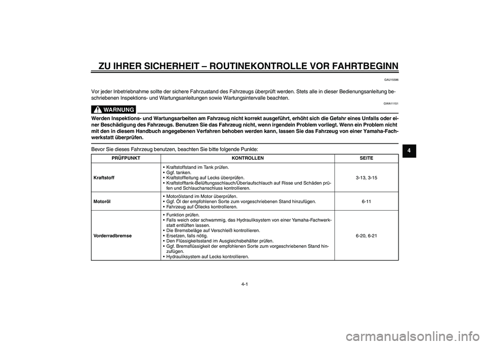 YAMAHA XJR 1300 2011 Betriebsanleitungen (in German) ZU IHRER SICHERHEIT – ROUTINEKONTROLLE VOR FAHRTBEGINN
4-1
4
GAU15596
Vor jeder Inbetriebnahme sollte der sichere Fahrzustand des Fahrzeugs überprüft werden. Stets alle in dieser Bedienungsanleitu YAMAHA XJR 1300 2011 Betriebsanleitungen (in German) ZU IHRER SICHERHEIT – ROUTINEKONTROLLE VOR FAHRTBEGINN
4-1
4
GAU15596
Vor jeder Inbetriebnahme sollte der sichere Fahrzustand des Fahrzeugs überprüft werden. Stets alle in dieser Bedienungsanleitu