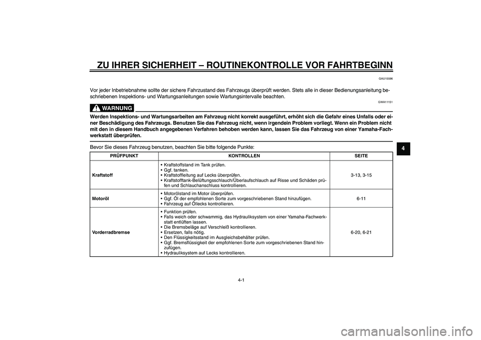 YAMAHA XJR 1300 2011  Betriebsanleitungen (in German) ZU IHRER SICHERHEIT – ROUTINEKONTROLLE VOR FAHRTBEGINN
4-1
4
GAU15596
Vor jeder Inbetriebnahme sollte der sichere Fahrzustand des Fahrzeugs überprüft werden. Stets alle in dieser Bedienungsanleitu