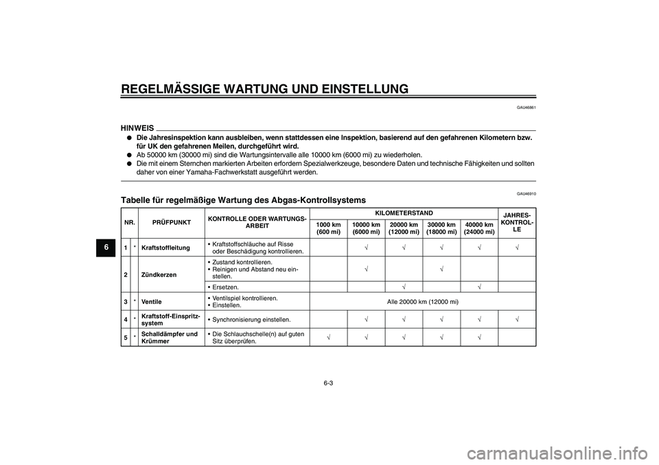 YAMAHA XJR 1300 2011  Betriebsanleitungen (in German) REGELMÄSSIGE WARTUNG UND EINSTELLUNG
6-3
6
GAU46861
HINWEIS
Die Jahresinspektion kann ausbleiben, wenn stattdessen eine Inspektion, basierend auf den gefahrenen Kilometern bzw. 
für UK den gefahren