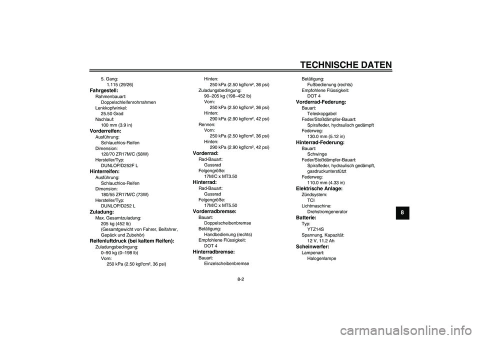 YAMAHA XJR 1300 2011 Betriebsanleitungen (in German) TECHNISCHE DATEN
8-2
8
5. Gang:
1.115 (29/26)
Fahrgestell:Rahmenbauart:
Doppelschleifenrohrrahmen
Lenkkopfwinkel:
25.50 Grad
Nachlauf:
100 mm (3.9 in)Vorderreifen:Ausführung:
Schlauchlos-Reifen
Dimen YAMAHA XJR 1300 2011 Betriebsanleitungen (in German) TECHNISCHE DATEN
8-2
8
5. Gang:
1.115 (29/26)
Fahrgestell:Rahmenbauart:
Doppelschleifenrohrrahmen
Lenkkopfwinkel:
25.50 Grad
Nachlauf:
100 mm (3.9 in)Vorderreifen:Ausführung:
Schlauchlos-Reifen
Dimen