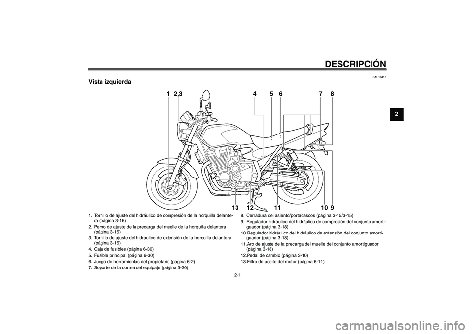 YAMAHA XJR 1300 2011  Manuale de Empleo (in Spanish) DESCRIPCIÓN
2-1
2
SAU10410
Vista izquierda
1
2,3
4
5
6
7
8
13
12
11
10
9
1. Tornillo de ajuste del hidráulico de compresión de la horquilla delante-
ra (página 3-16)
2. Perno de ajuste de la preca