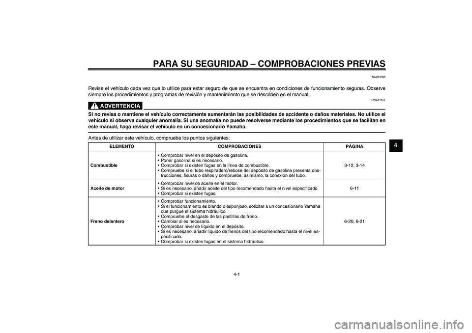 YAMAHA XJR 1300 2011  Manuale de Empleo (in Spanish) PARA SU SEGURIDAD – COMPROBACIONES PREVIAS
4-1
4
SAU15596
Revise el vehículo cada vez que lo utilice para estar seguro de que se encuentra en condiciones de funcionamiento seguras. Observe
siempre 