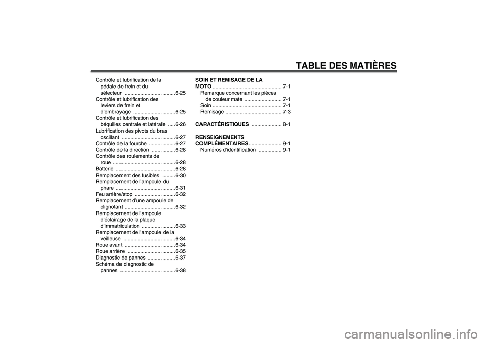 YAMAHA XJR 1300 2011  Notices Demploi (in French) TABLE DES MATIÈRES
Contrôle et lubrification de la 
pédale de frein et du 
sélecteur ................................... 6-25
Contrôle et lubrification des 
leviers de frein et 
d’embrayage ...