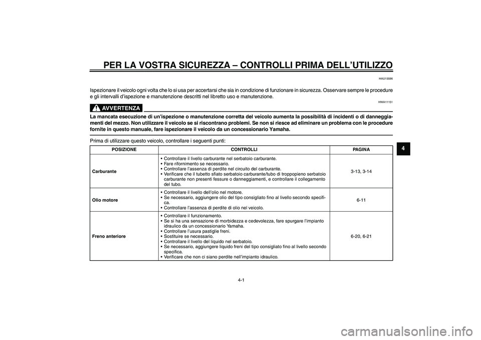 YAMAHA XJR 1300 2011  Manuale duso (in Italian) PER LA VOSTRA SICUREZZA – CONTROLLI PRIMA DELL’UTILIZZO
4-1
4
HAU15596
Ispezionare il veicolo ogni volta che lo si usa per accertarsi che sia in condizione di funzionare in sicurezza. Osservare se