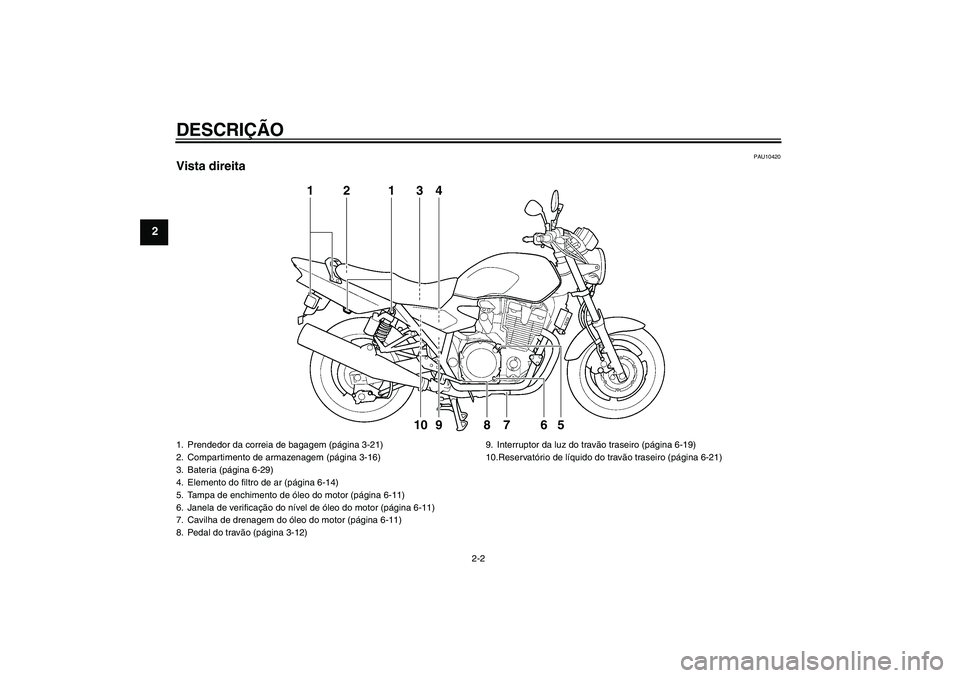 YAMAHA XJR 1300 2011  Manual de utilização (in Portuguese) DESCRIÇÃO
2-2
2
PAU10420
Vista direita
1
2
3
4
5
6
8
1
7
9
10
1. Prendedor da correia de bagagem (página 3-21)
2. Compartimento de armazenagem (página 3-16)
3. Bateria (página 6-29)
4. Elemento d