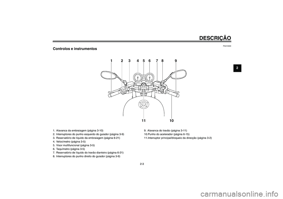 YAMAHA XJR 1300 2011  Manual de utilização (in Portuguese) DESCRIÇÃO
2-3
2
PAU10430
Controlos e instrumentos1. Alavanca da embraiagem (página 3-10)
2. Interruptores do punho esquerdo do guiador (página 3-9)
3. Reservatório de líquido da embraiagem (pág