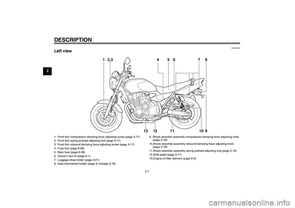 YAMAHA XJR 1300 2010 Owners Manual DESCRIPTION
2-1
2
EAU10410
Left view
1
2,3
4
5
6
7
8
13
12
11
10
9
1. Front fork compression damping force adjusting screw (page 3-17)
2. Front fork spring preload adjusting bolt (page 3-17)
3. Front YAMAHA XJR 1300 2010 Owners Manual DESCRIPTION
2-1
2
EAU10410
Left view
1
2,3
4
5
6
7
8
13
12
11
10
9
1. Front fork compression damping force adjusting screw (page 3-17)
2. Front fork spring preload adjusting bolt (page 3-17)
3. Front