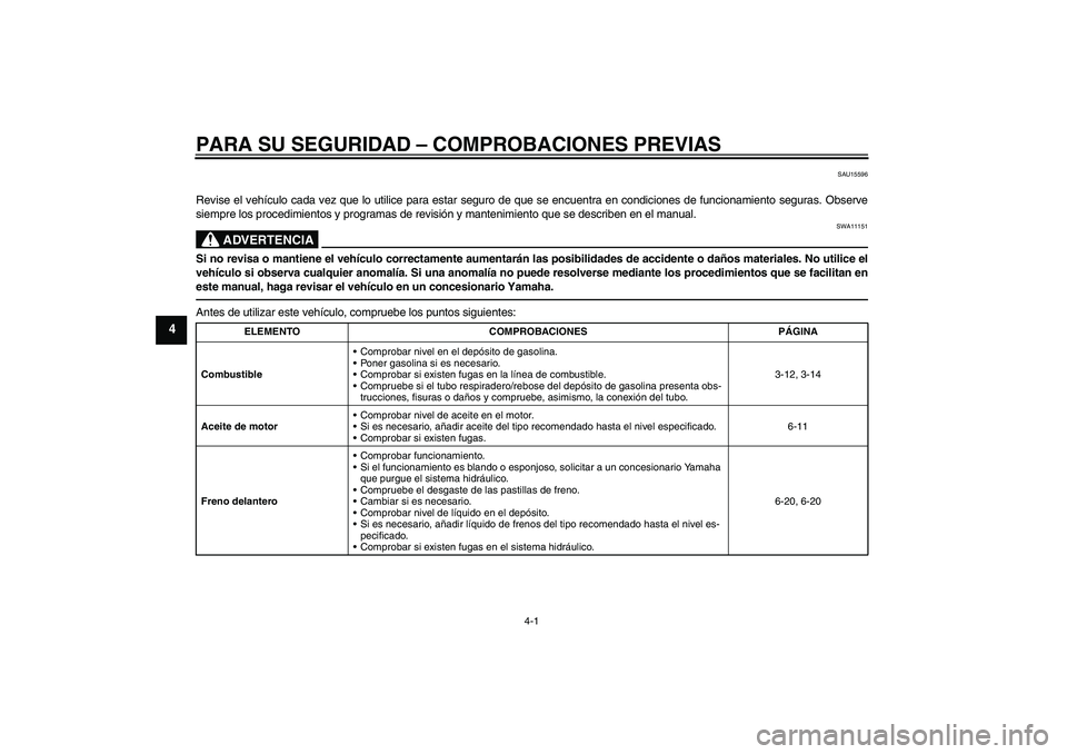YAMAHA XJR 1300 2010  Manuale de Empleo (in Spanish) PARA SU SEGURIDAD – COMPROBACIONES PREVIAS
4-1
4
SAU15596
Revise el vehículo cada vez que lo utilice para estar seguro de que se encuentra en condiciones de funcionamiento seguras. Observe
siempre 