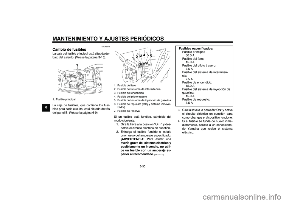 YAMAHA XJR 1300 2010 Manuale de Empleo (in Spanish) MANTENIMIENTO Y AJUSTES PERIÓDICOS
6-30
6
SAU43272
Cambio de fusibles La caja del fusible principal está situada de-
bajo del asiento. (Véase la página 3-15).
La caja de fusibles, que contiene los YAMAHA XJR 1300 2010 Manuale de Empleo (in Spanish) MANTENIMIENTO Y AJUSTES PERIÓDICOS
6-30
6
SAU43272
Cambio de fusibles La caja del fusible principal está situada de-
bajo del asiento. (Véase la página 3-15).
La caja de fusibles, que contiene los