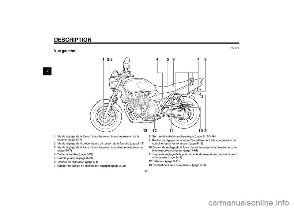 YAMAHA XJR 1300 2010  Notices Demploi (in French) DESCRIPTION
2-1
2
FAU10410
Vue gauche
1
2,3
4
5
6
7
8
13
12
11
10
9
1. Vis de réglage de la force d’amortissement à la compression de la 
fourche (page 3-17)
2. Vis de réglage de la précontraint